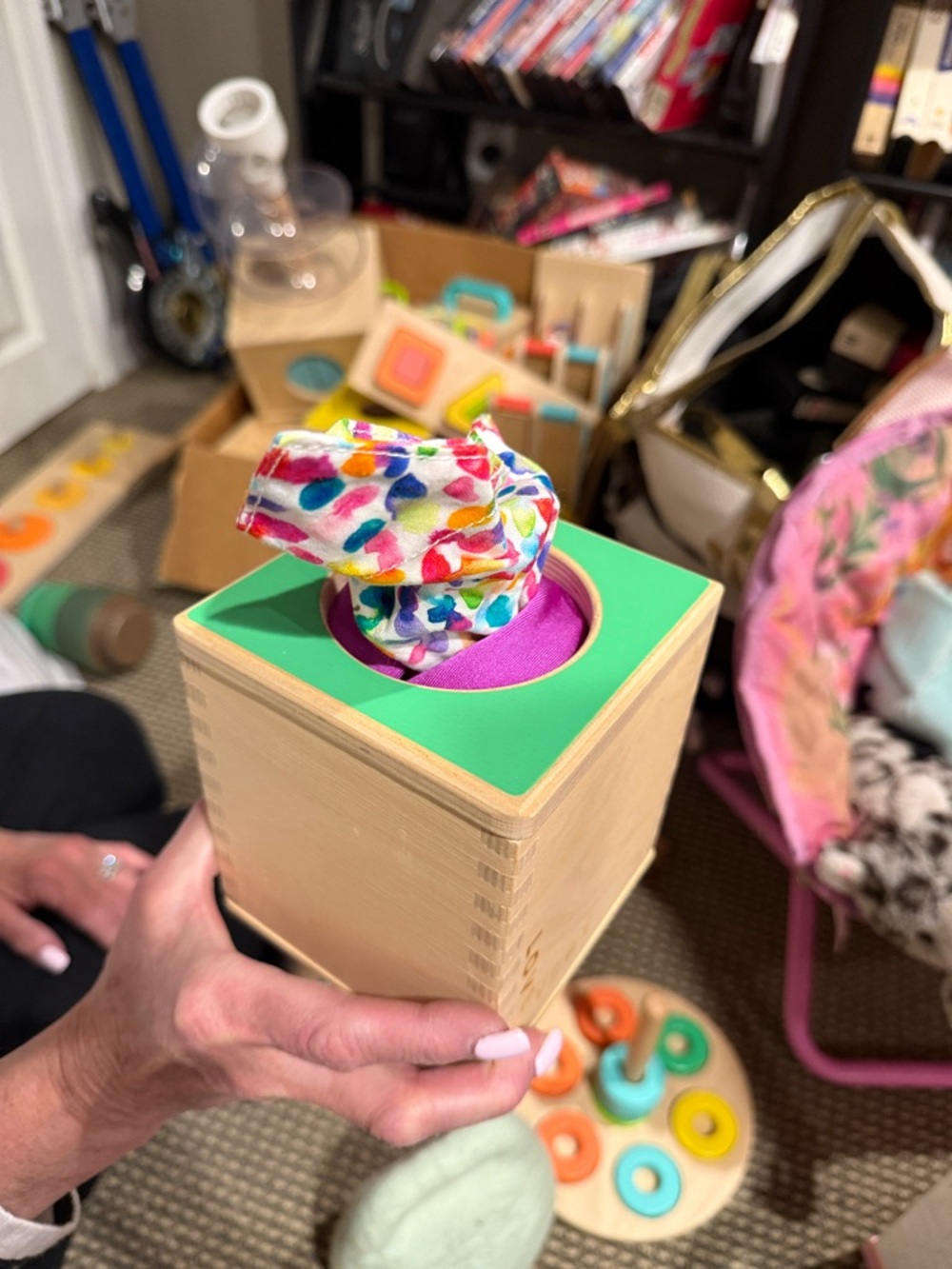 Wooden Shape-Sorting Pop-Up Toy with Multicolor Cloth